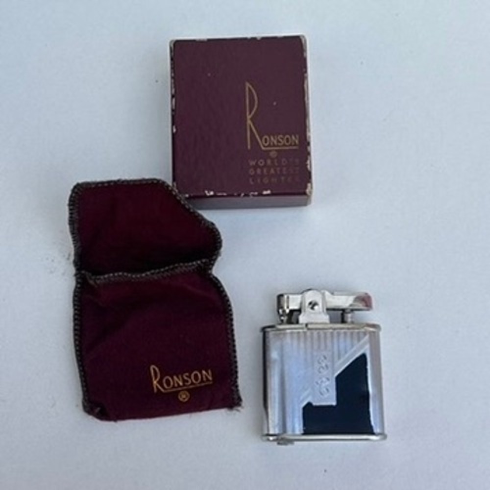 Vintage Ronson Whirlwind Lighter Chrome Black Enamel Art Deco with Box and Pouch